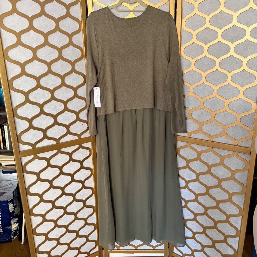 Soft Surroundings Size L NEW Olive Green Cassie Two-Layer Long Sleeve Maxi Dress - Picture 5 of 16